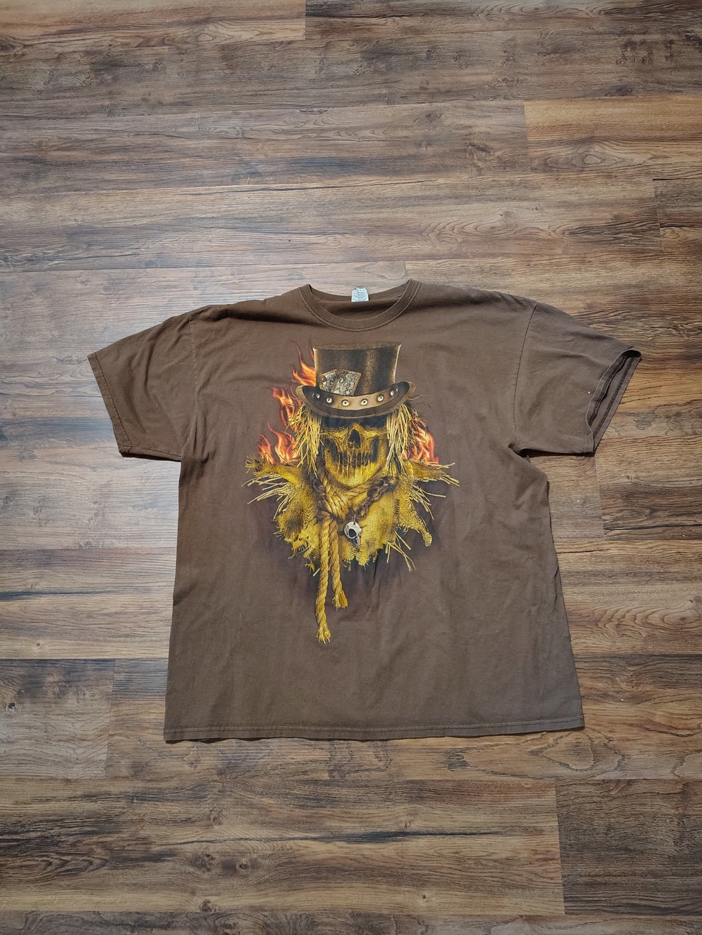 Happy Halloween Men's 2XL Brown Crew Neck Cotton Scarecrow Skull Fire Tee
